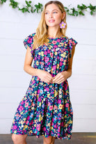 Navy Flat Floral Woven Poplin Ruffle Frill Sleeve Dress Haptics