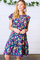 Navy Flat Floral Woven Poplin Ruffle Frill Sleeve Dress Haptics