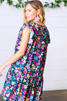 Navy Flat Floral Woven Poplin Ruffle Frill Sleeve Dress Haptics