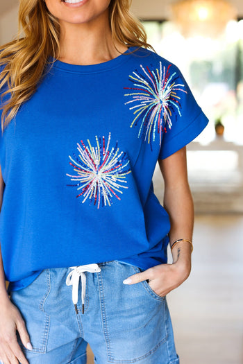 Light Me Up Blue Sequin Firework Dolman Top Haptics