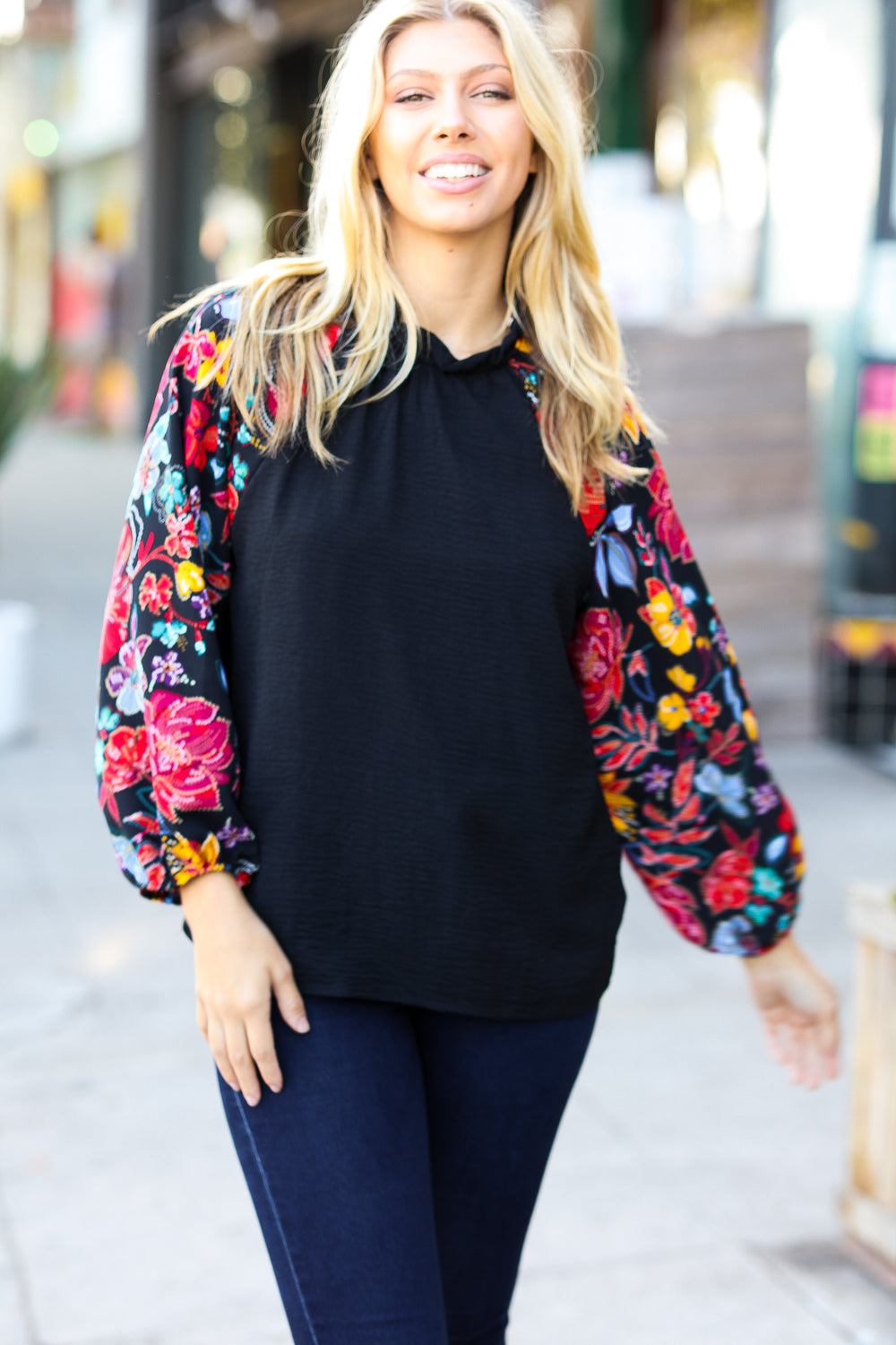 Be Yourself Black Sequin & Floral Embroidery Print Mock Neck Top Haptics