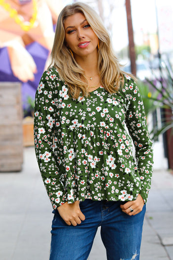 Olive Floral Print Babydoll Top Haptics