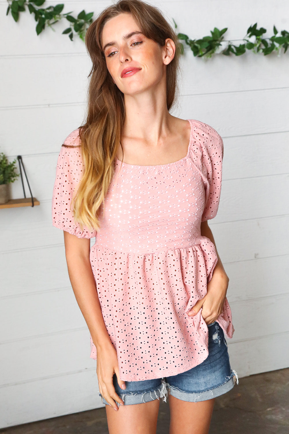 Mauve Eyelet Puff Sleeve Babydoll Top Haptics