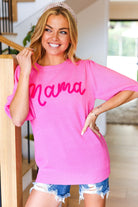 Take A Bow Pink "Mama" Embroidery Puff Sleeve Sweater Top Haptics