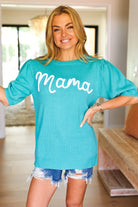 Take A Bow Mint "Mama" Embroidery Pop-Up Puff Sleeve Sweater Top Haptics