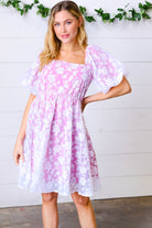 Magenta Floral Burnout Velvet Puff Sleeve Dress Haptics