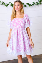 Magenta Floral Burnout Velvet Puff Sleeve Dress Haptics