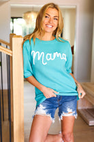 Take A Bow Mint "Mama" Embroidery Pop-Up Puff Sleeve Sweater Top Haptics