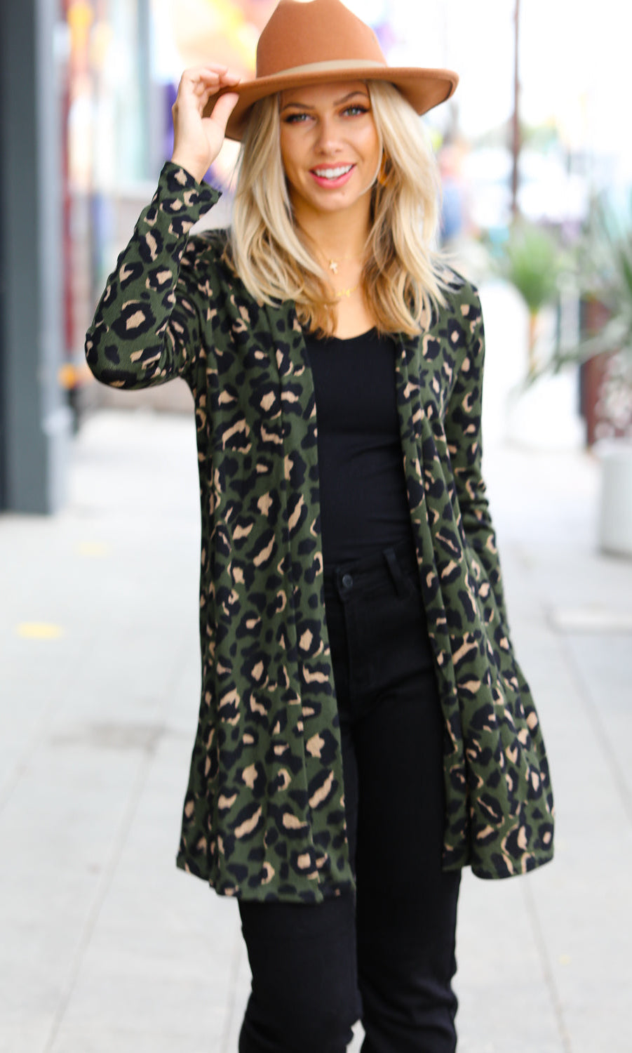 Weekend Envy Olive Animal Print Open Cardigan Red Lolly