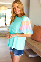 Stand Out Mint Rainbow Sequin Puff Sleeve Top Haptics
