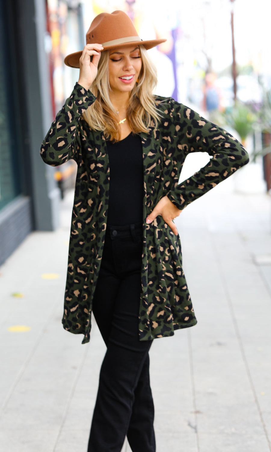 Weekend Envy Olive Animal Print Open Cardigan Red Lolly
