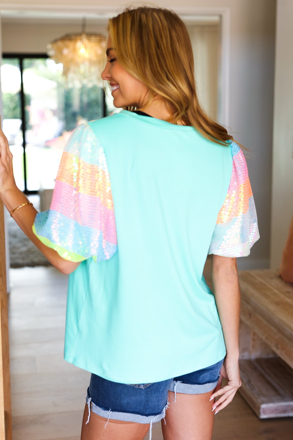 Stand Out Mint Rainbow Sequin Puff Sleeve Top Haptics