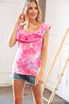 Fuchsia Square Neck Ruffle Tie Dye Tank Top Haptics