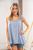 Denim Blue Spotted Leopard Smocked Frill Shoulder Tank Haptics