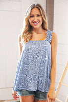 Denim Blue Spotted Leopard Smocked Frill Shoulder Tank Haptics