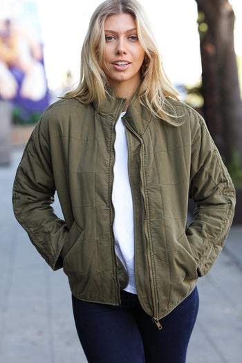 City Streets Olive Cotton Quilted Zip Up Jacket Sugarfox