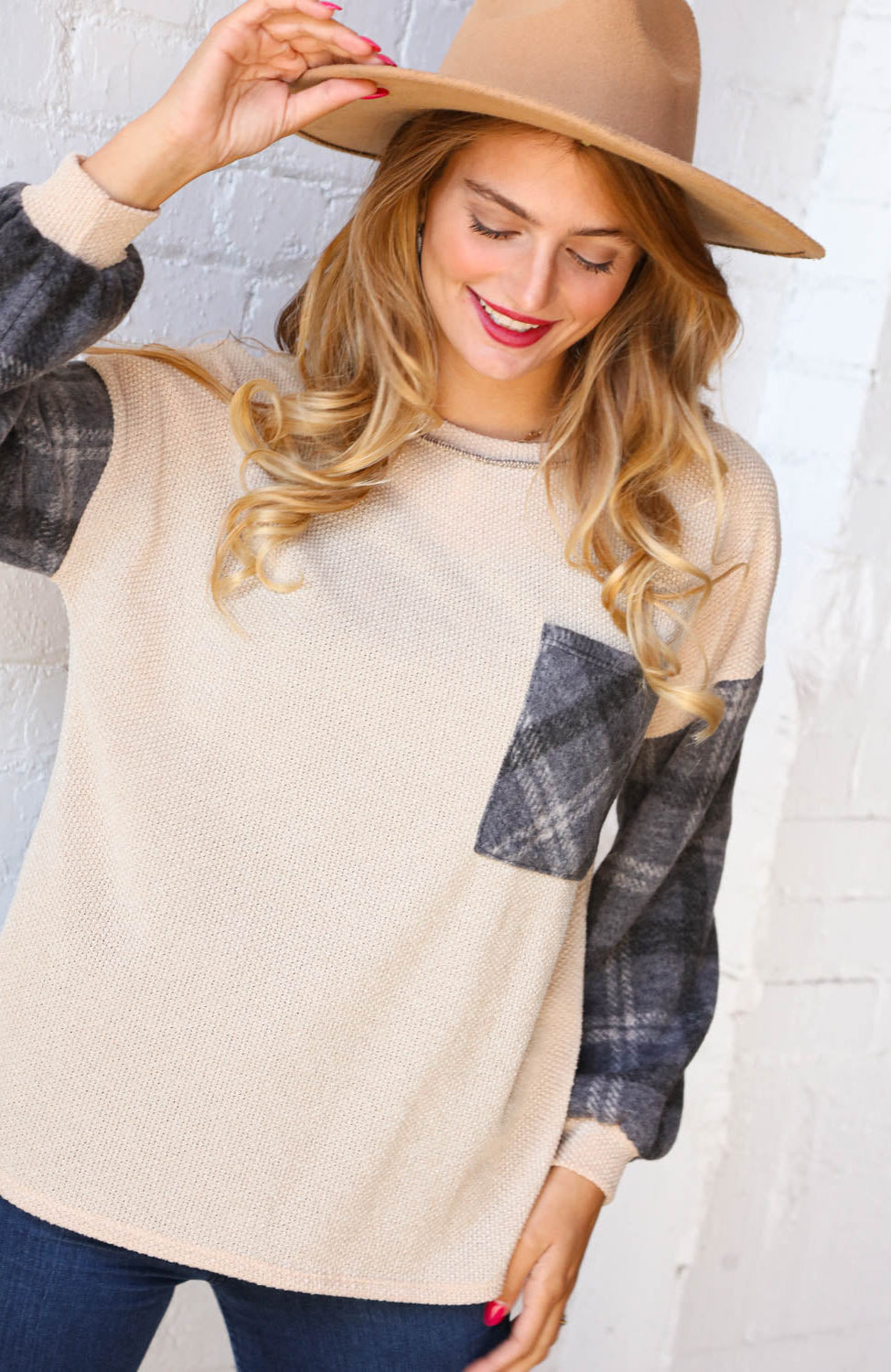 Plaid Knit Pocket Top with Reverse Stitch Detail Haptics