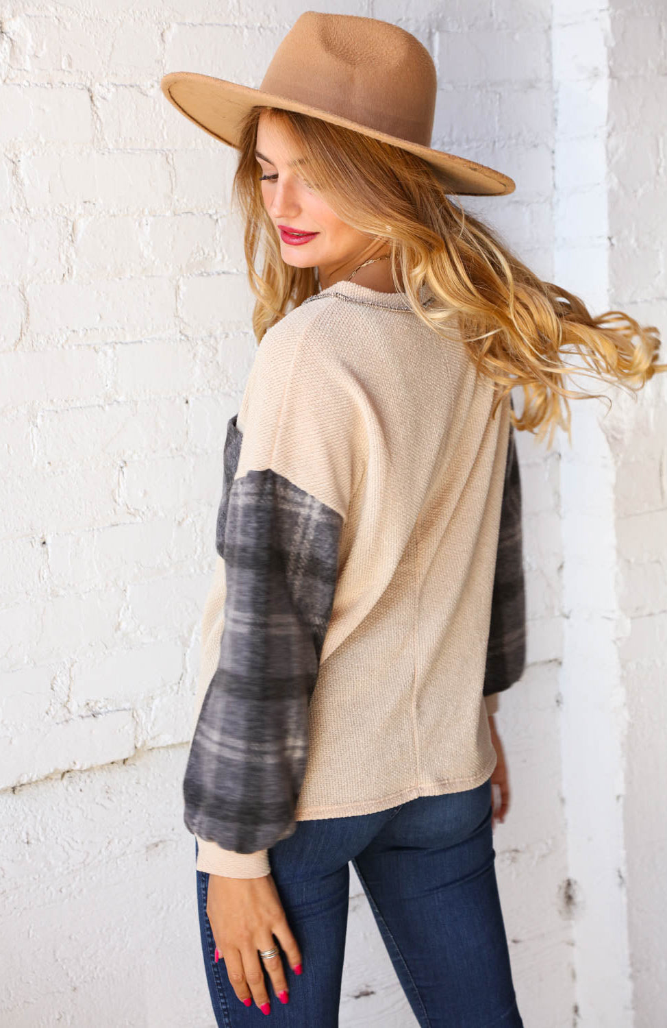 Plaid Knit Pocket Top with Reverse Stitch Detail Haptics