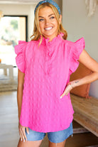 Hot Pink Textured Ruffle Mock Neck Button Down Top Haptics