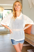 Can't Look Away Oatmeal Netted Crochet Collared Sweater Top Haptics