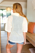 Can't Look Away Oatmeal Netted Crochet Collared Sweater Top Haptics