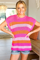 Fuchsia & Orange Stripe Short Sleeve Dolman Sweater Haptics