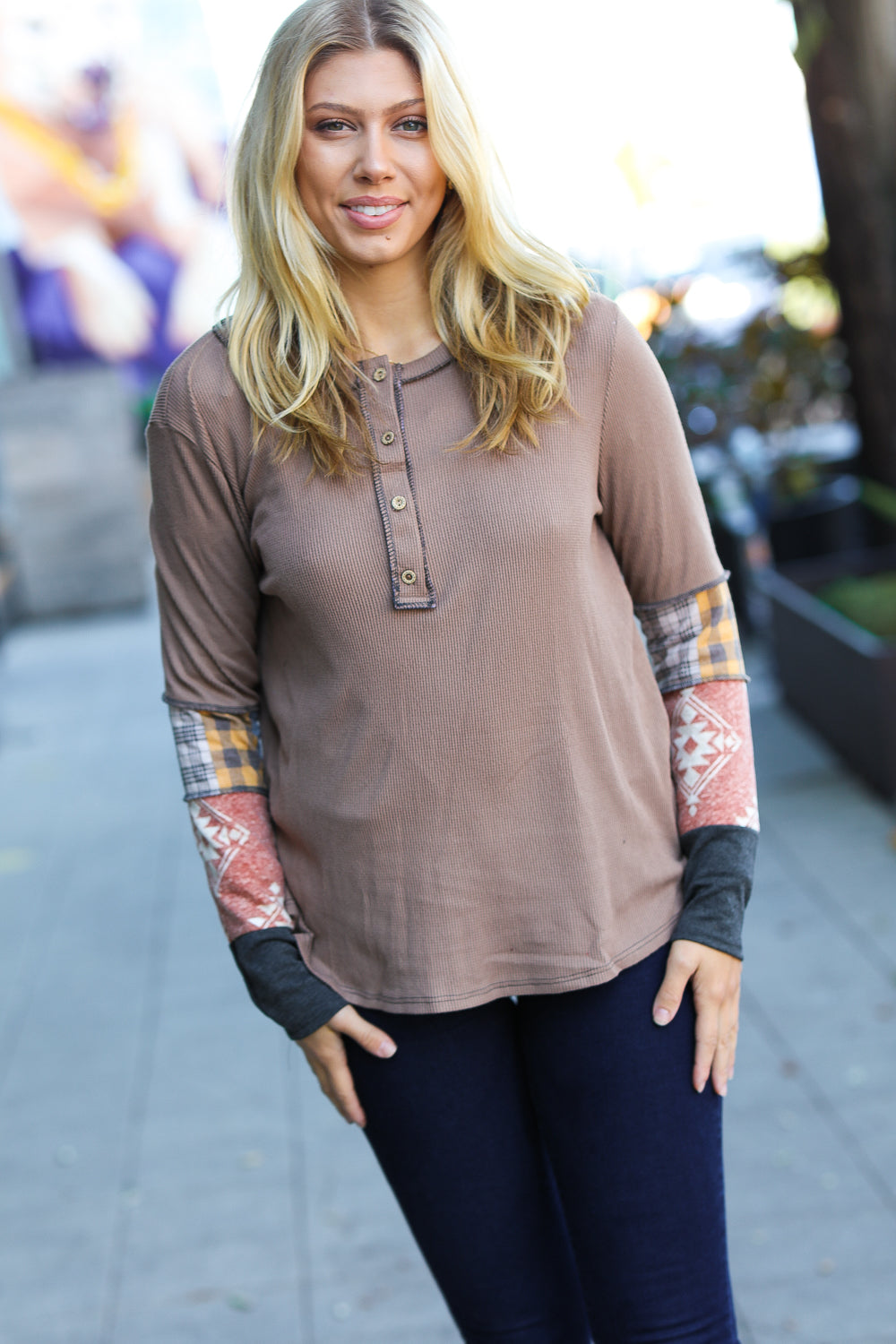 Sugarfox All For You Taupe Thermal Button Down Colorblock Top Sugarfox