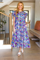 Just A Dream Navy Floral Smocked Ruffle Sleeve Maxi Dress Haptics