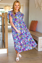 Just A Dream Navy Floral Smocked Ruffle Sleeve Maxi Dress Haptics