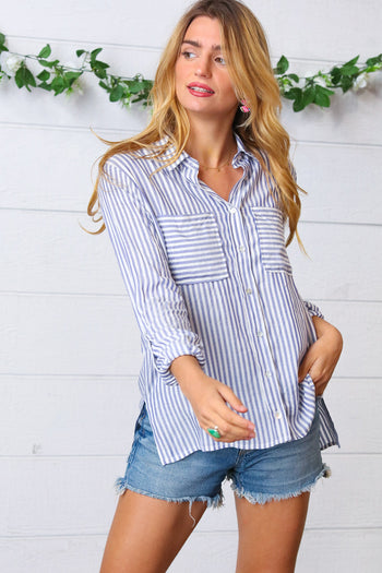 Blue Stripe Button-Up Poplin Shirt Love Tree