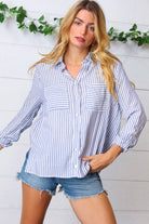 Blue Stripe Button-Up Poplin Shirt Love Tree