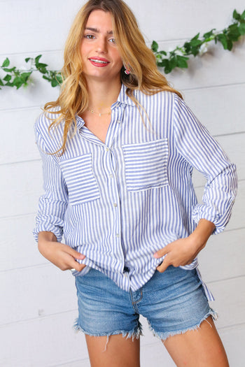 Blue Stripe Button-Up Poplin Shirt Love Tree