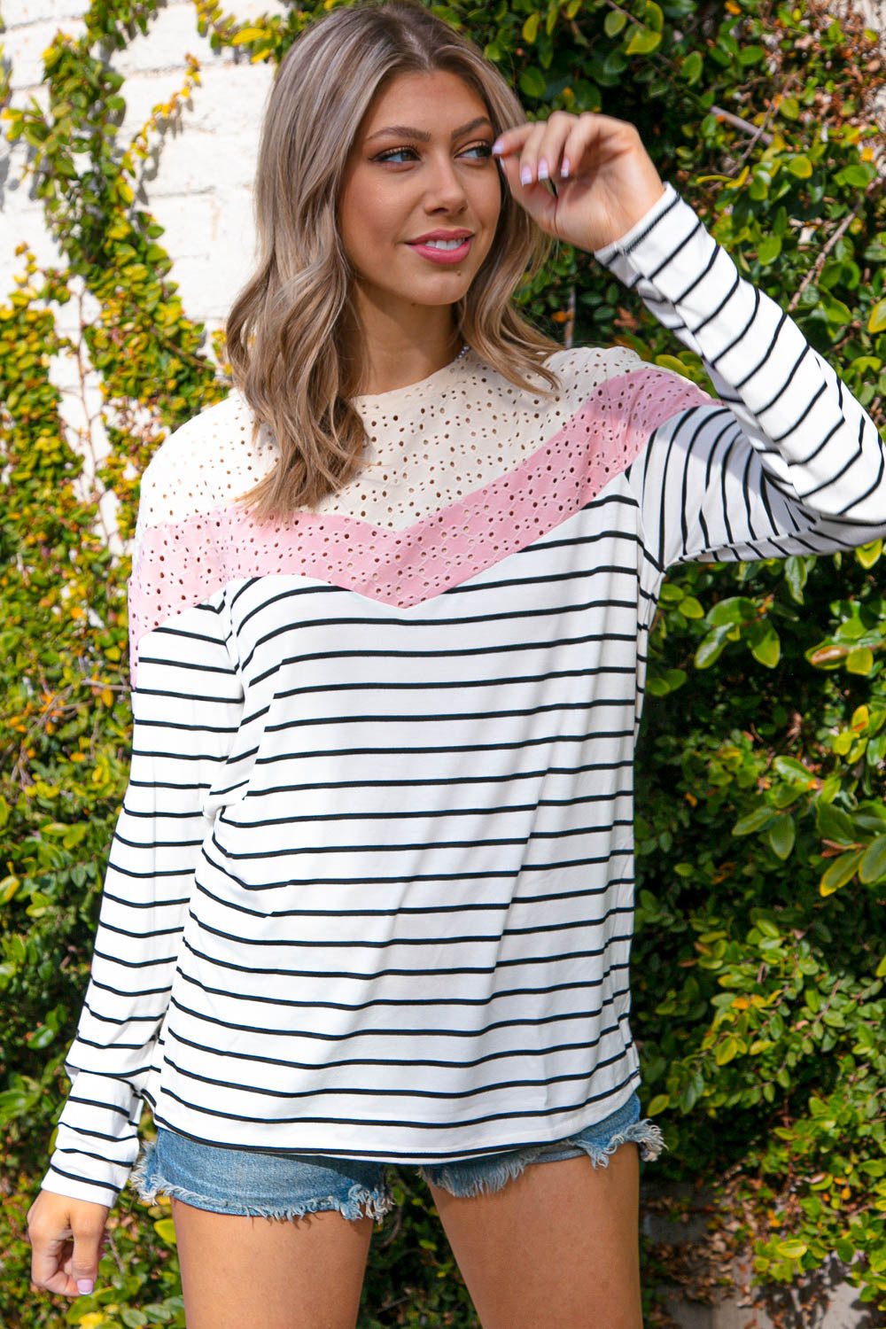 Ivory Multi Stripe Eyelet Chevron Color Block Top Haptics