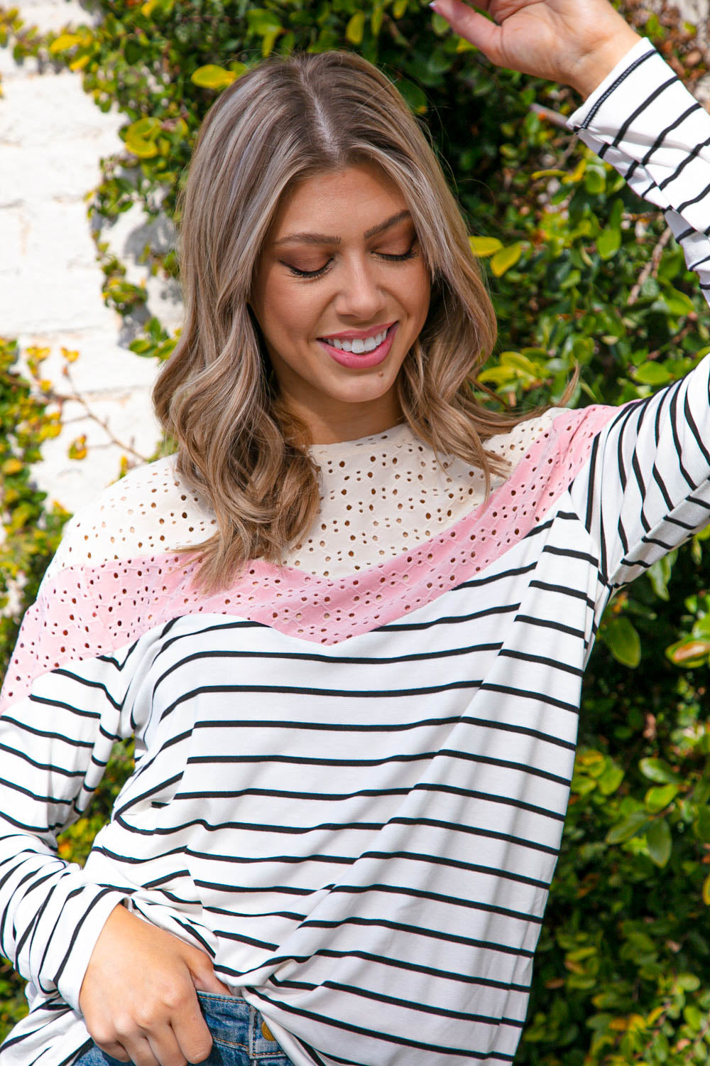 Ivory Multi Stripe Eyelet Chevron Color Block Top Haptics