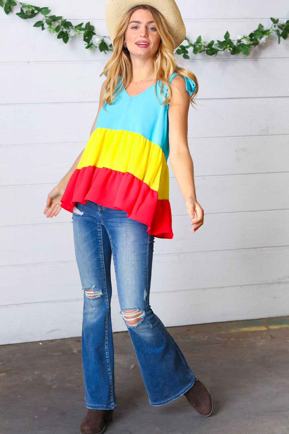 Multicolor Tiered Shoulder Tie Bow Crepe Top Haptics