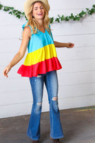 Multicolor Tiered Shoulder Tie Bow Crepe Top Haptics