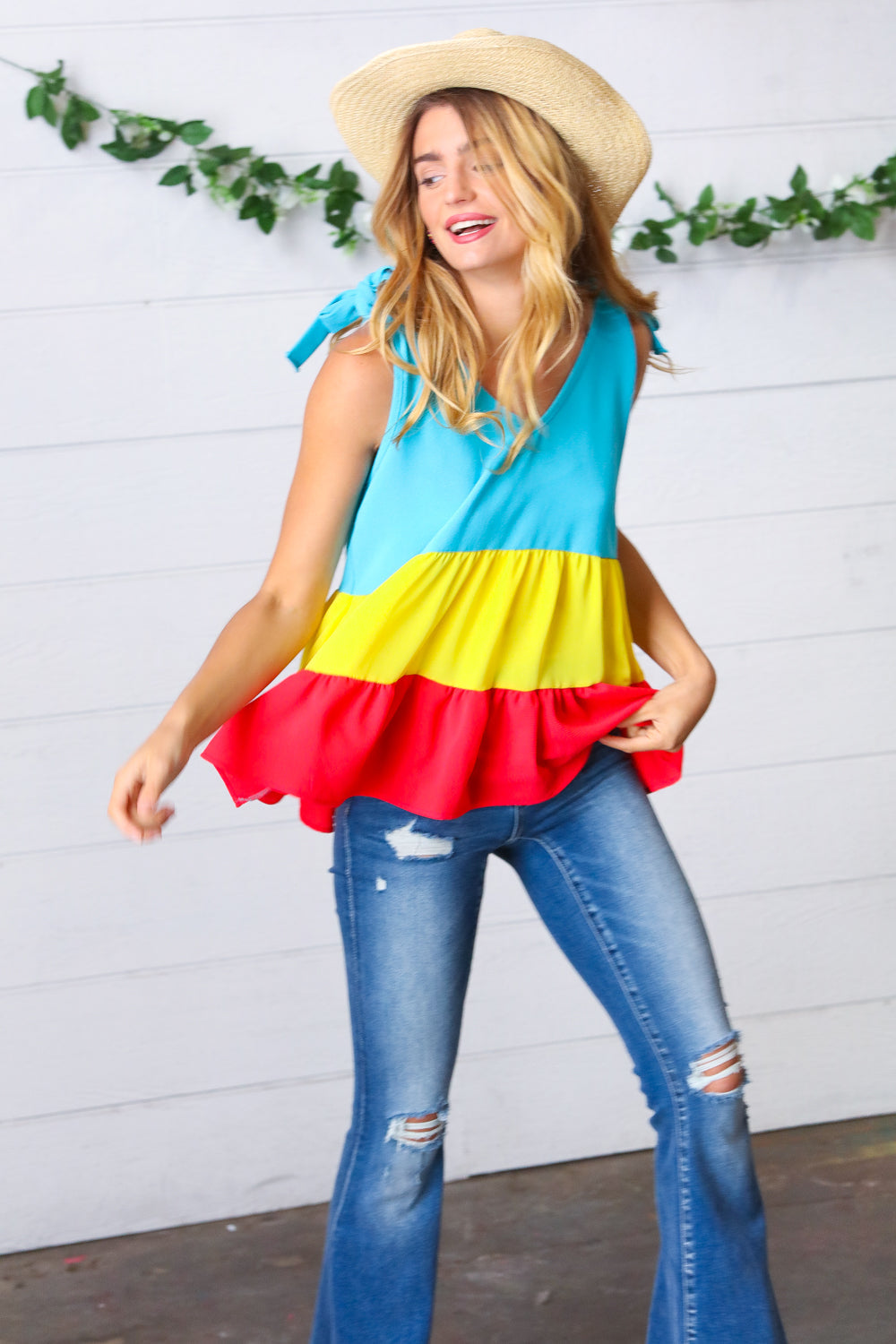 Multicolor Tiered Shoulder Tie Bow Crepe Top Haptics