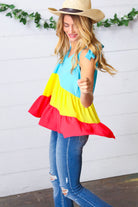 Multicolor Tiered Shoulder Tie Bow Crepe Top Haptics