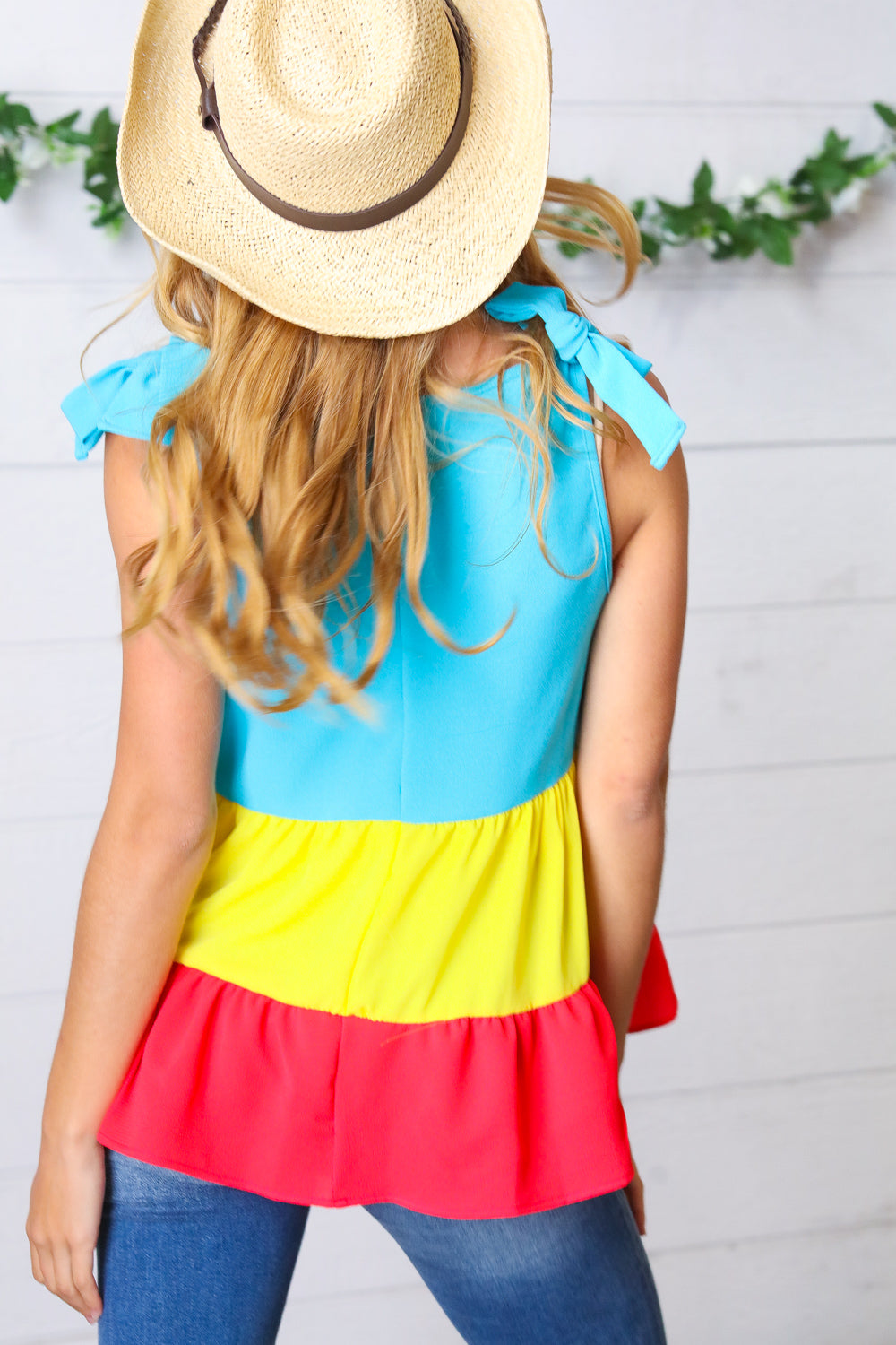 Multicolor Tiered Shoulder Tie Bow Crepe Top Haptics