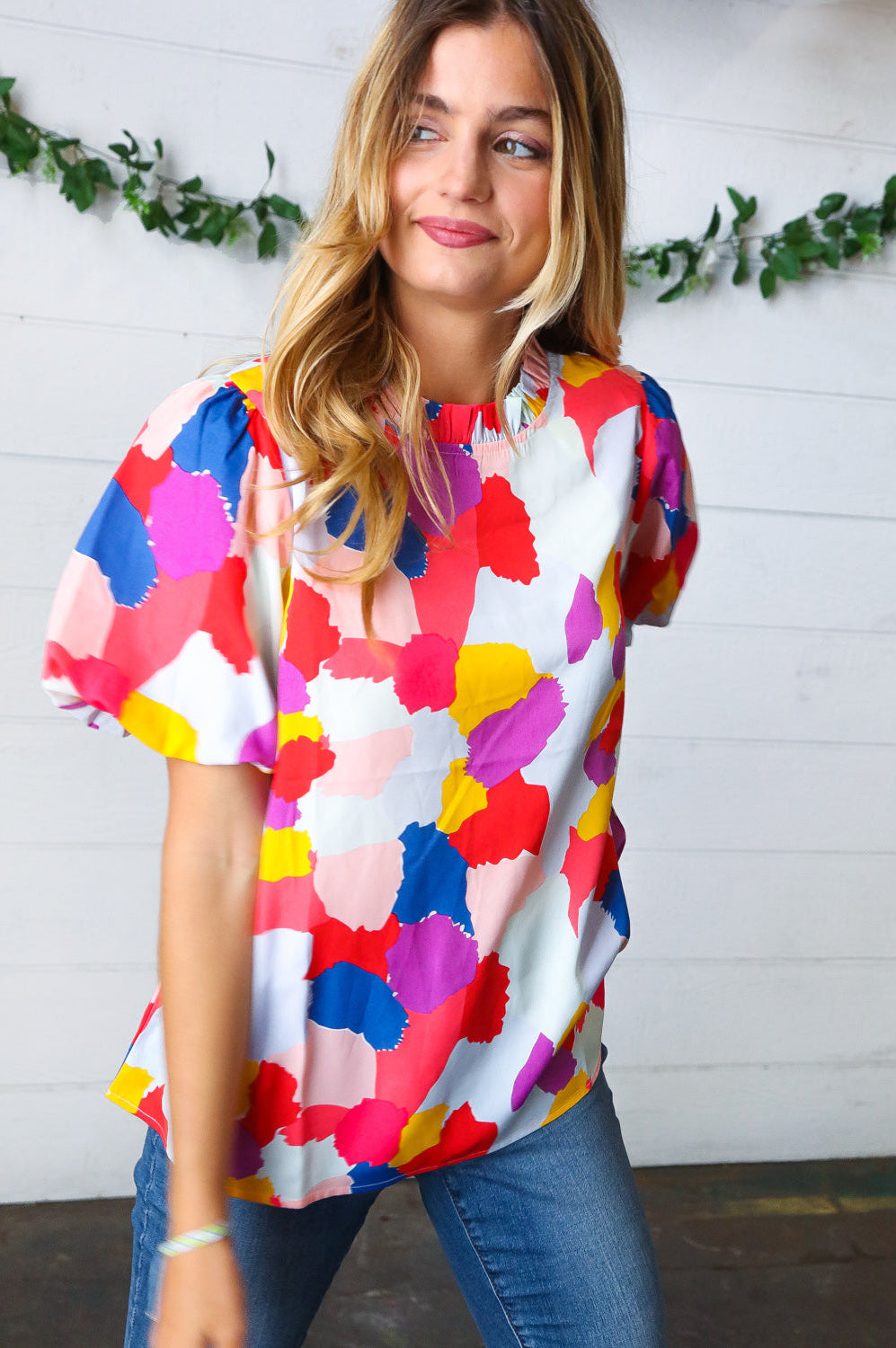 Multicolor Print Frilled Mock Neck Puff Sleeve Top JODIFL