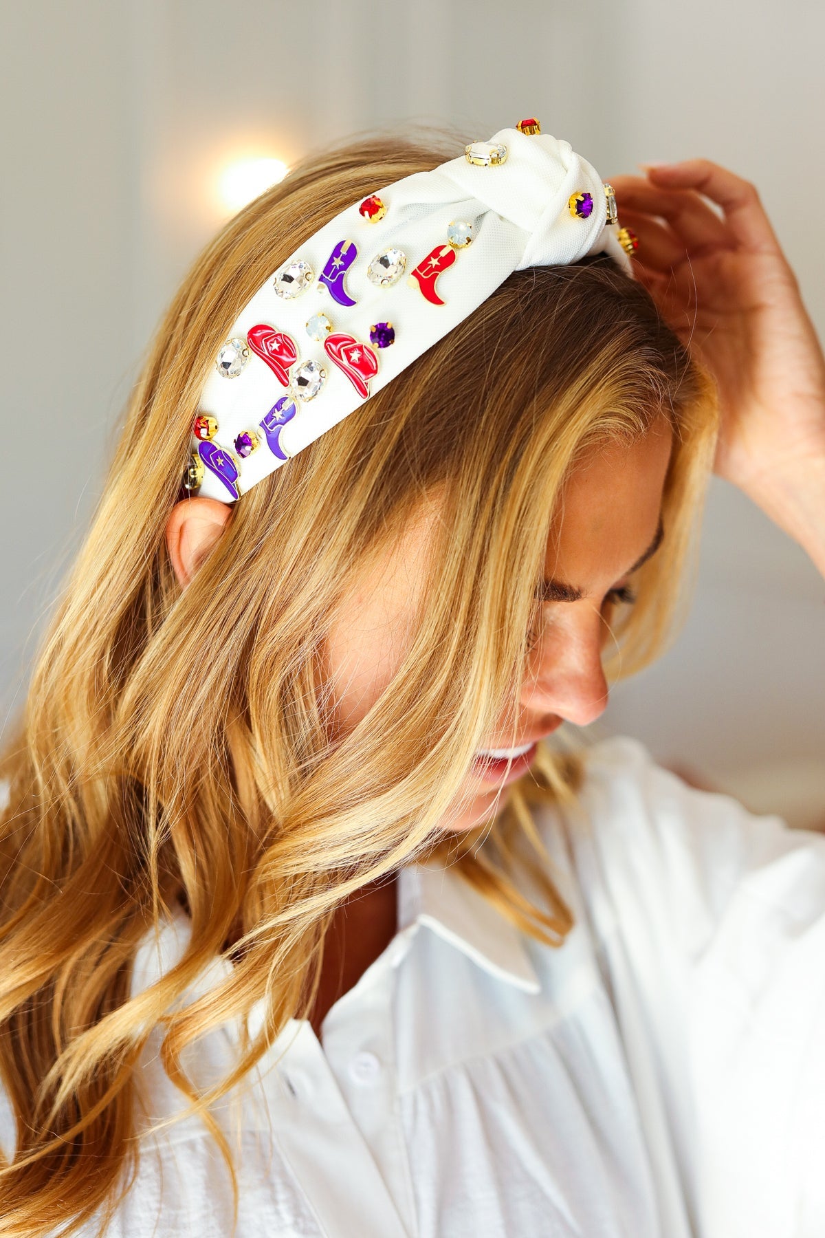 Red White & Blue Gem Cowboy Embellished Top Knot Headband Jane Ruth