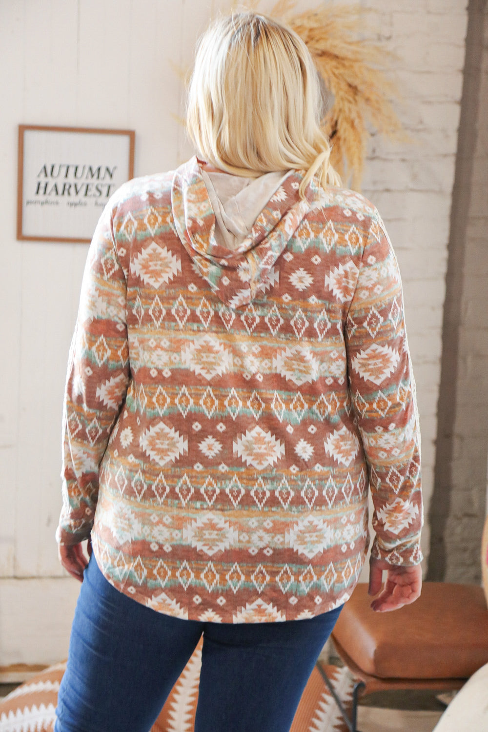 Taupe Aztec Print Lace Embellished Terry Hoodie Haptics