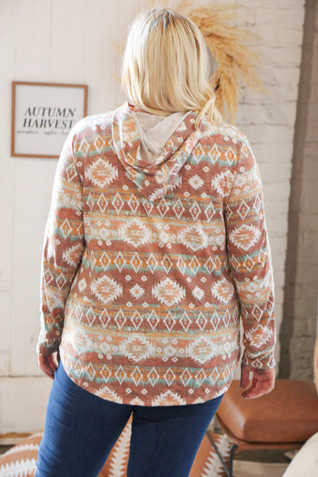 Taupe Aztec Print Lace Embellished Terry Hoodie Haptics