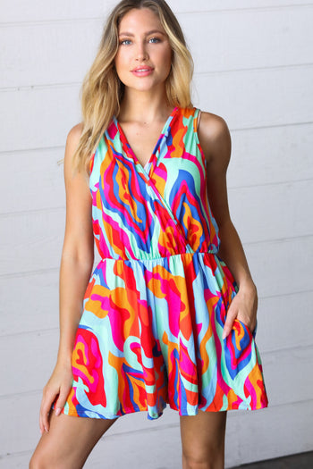 Vibrant Multicolor Abstract Sleeveless Surplice Romper Haptics