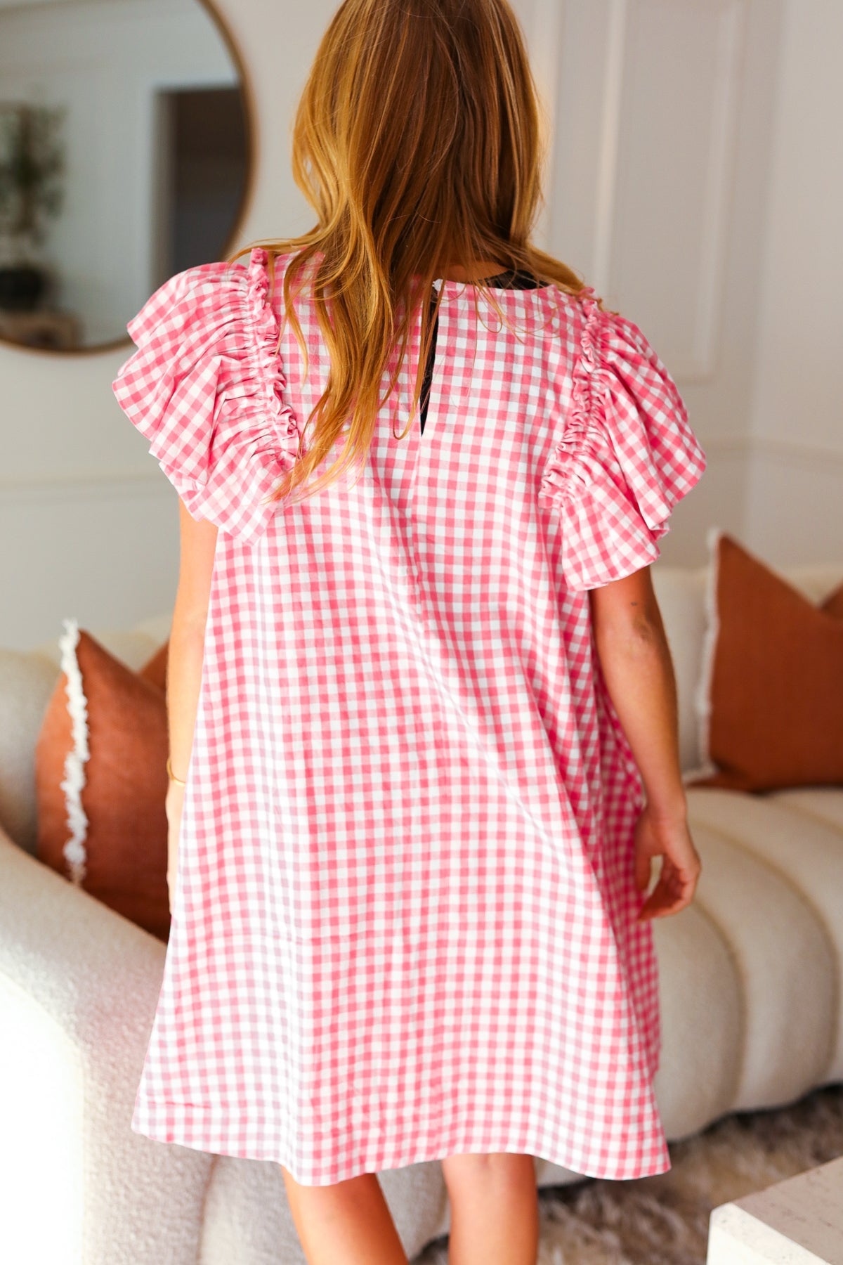 Pink Gingham Check Ruffle Sleeve Dress Haptics