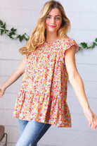 Sunset Floral Print Ruffle Tiered Keyhole Top Haptics