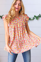 Sunset Floral Print Ruffle Tiered Keyhole Top Haptics