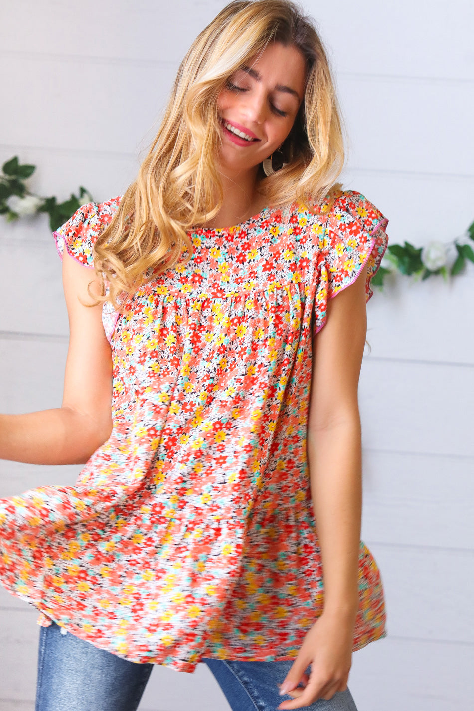 Sunset Floral Print Ruffle Tiered Keyhole Top Haptics