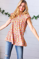 Sunset Floral Print Ruffle Tiered Keyhole Top Haptics