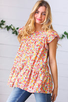 Sunset Floral Print Ruffle Tiered Keyhole Top Haptics